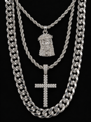 Jewelry Essentials ‘Jesus & Cross’ Triple Layer Chain Set - Silver Tone