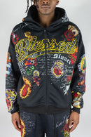 Men's Rebel Minds 'Blessed AOP' Zip-Up Hoodie in Black