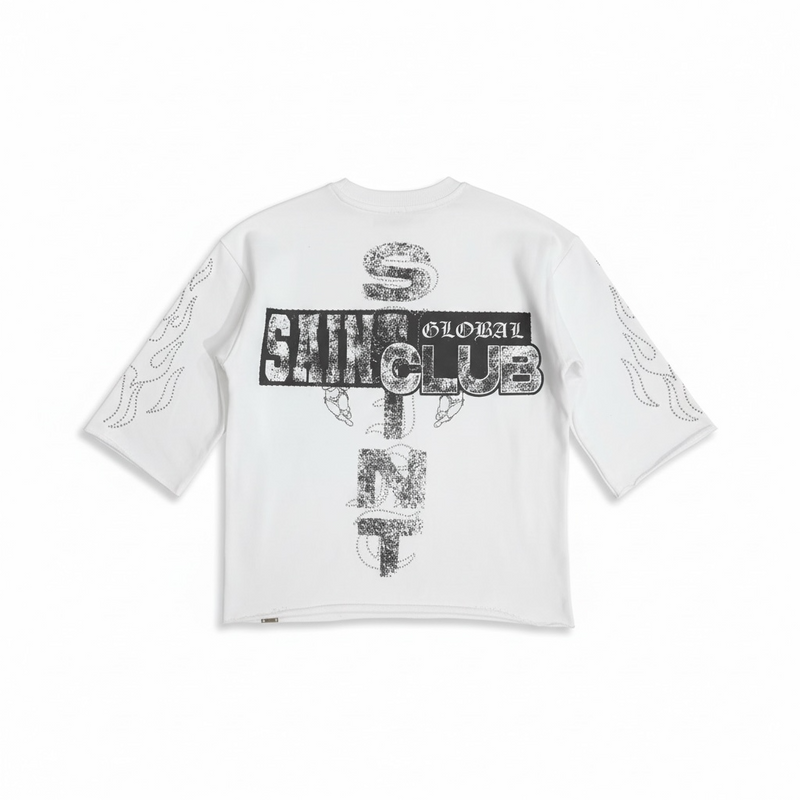 Highly Undrtd 'Saint' Legacy Perm 3/4 Sleeve Rhinestone Cropped T-Shir