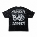 Black t-shirt with white graphic design on a white background by Fresh N Fitted