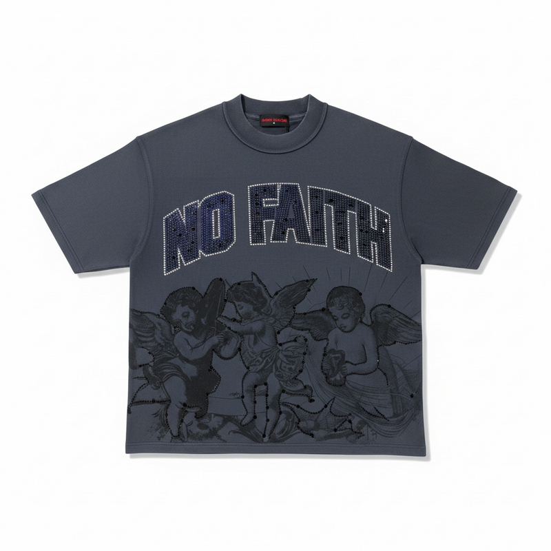 トップス no faith Rare Peace 'No Faith' Oversized Rhinestone Cropped T-Shirt (Dark Grey)