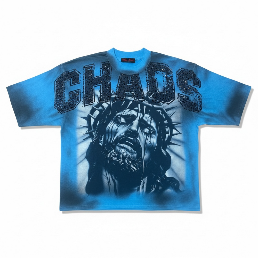Rare Peace 'CHAOS' Oversized Rhinestone Cropped T-Shirt In Blue