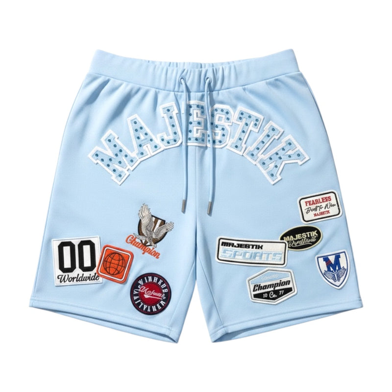 Majestik 'Champion' Rhinestone Rugby Patched Shorts In Light Blue