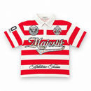 Red and white striped sports polo with 'Majestic Athletic Team' text on a white background. by Fresh n Fitted
