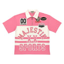 Pink and white sports Polo jersey with 'Majestik Sports' branding on a white background. by Fresh n Fitted