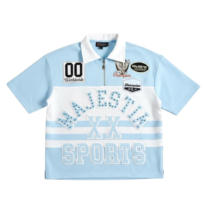 Majestik 'Champion' Rhinestone Rugby Patched Polo Shirt In Light