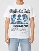 White 'Child Of God' T-shirt by 3Forty Inc. displayed on a hanger, featuring a simple, clean design with the brand logo.