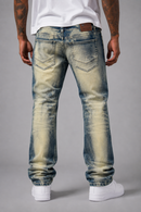 Makobi Sergio straight-cut fit denim jeans in dirt wash, showing the front view with classic five-pocket design and subtle fading.