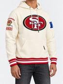 Pro Standard San Francisco 49ers Retro Classics hoodie in eggshell with team logo and fleece fabric, front portrait view.