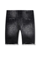 Black denim shorts on a white background