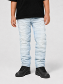 A person wearing light-wash quilted denim jeans, a black t-shirt, and black sneakers, shown from the waist down against a light gray studio background.