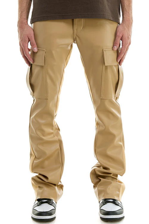 KDNK PU Stacked Skinny Flare Pants In Tan KNB3330 | Fresh N Fitted