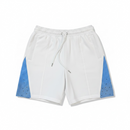 Kindred rhinestone nylon shorts in white and blue with fitted design and stylish rhinestone details.