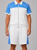 Kindred rhinestone nylon zip-up shirt in white and blue, featuring a stylish design and full front zipper.