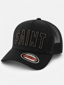 Black MUKA Saint Fabric trucker hat featuring a structured crown and curved brim, styled as a casual accessories piece.