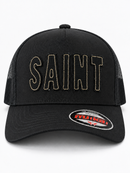 Black MUKA Saint Fabric Trucker Hat with adjustable snapback and embroidered logo, casual accessory for everyday wear.