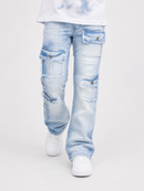 Light blue distressed cargo jeans with frayed details and multiple utility pockets, shown on a model wearing a white t-shirt and white sneakers against a light gray background.