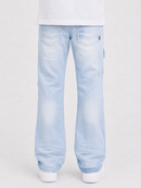 Light blue wide-leg denim jeans shown from the back on a model wearing a white t-shirt and white sneakers, against a plain light gray background.