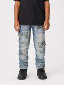 A child wearing light-wash blue distressed cargo jeans with ripped details and frayed pockets, paired with a black t-shirt and black sneakers, shown from the chest down on a light gray background.