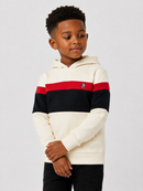 A young boy wearing a color-blocked hoodie with cream, red, and black horizontal stripes, standing against a light gray studio background.