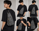 Person wearing a black shirt with a patterned sling bag, shown from different angles.