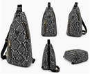 Snake pattern sling bag shown from multiple angles on a white background
