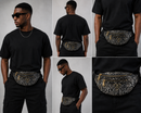 A man modeling a black t-shirt and black cargo pants, showcasing a black and gray snakeskin-patterned waist bag in a five-panel collage layout.