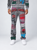 RARE PEACE 'Peace Is Power' All Over Print Flared Sweatpants in Grey