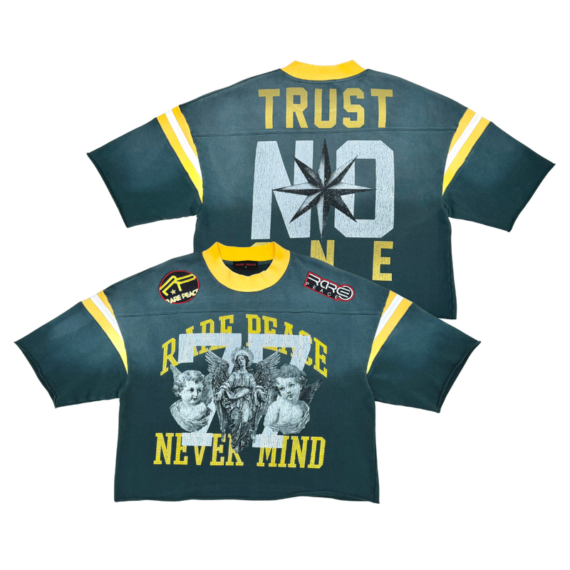 Rare Peace 'Never Mind' Oversized Rhinestone Cropped French Terry T-Sh