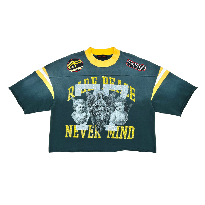 Rare Peace 'Never Mind' Oversized Rhinestone Cropped French Terry T-Sh