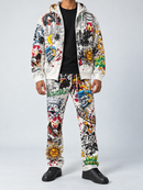 RARE PEACE ‘Graffiti Doodle’ all-over print flared sweatpants in ecru with open-zip detail