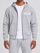 Men's SYIP heavyweight zip-up hoodie in heather grey, front view showing full-length zipper and soft fabric texture.