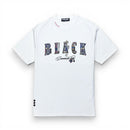 White t-shirt with 'BLACK' text and graphics on a white background