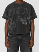 Black wash cropped T-shirt from Prestige featuring a distressed angel graphic design.