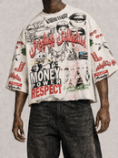 Cream cropped T-shirt by Prestige featuring "Money Power Respect" slogan, casual fit and stylish design.