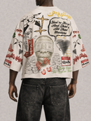 Cream cropped T-shirt by Prestige with "Money Power Respect" slogan, featuring a casual fit and bold graphic design.
