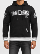 Black Pro Standard Las Vegas Raiders Mashup hoodie with Raiders logo and team graphics, displayed on a hanger.