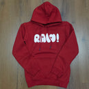 Kids RAWYALTY KIDS 'RAW' hoodie in red, featuring a comfortable fit and bold graphic design for young fashion.