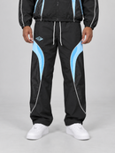 RARE PEACE black nylon joggers with embossed detailing, shown as part of a black and blue tracksuit