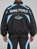 RARE PEACE black zip-up nylon jacket with embossed detailing, back view