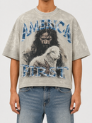 Rare Peace "America First" oversized rhinestone cropped thermal shirt in light khaki, stylish T-shirt with bold design.