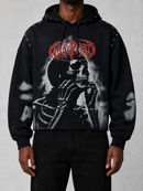 Black Rare Peace 'Bad' oversized cropped hoodie with rhinestone embellishments, featuring bold graphic design.