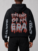 Black RARE PEACE 'Bad' oversized cropped hoodie with rhinestone embellishments, featuring a relaxed fit and bold style.