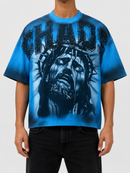 Blue oversized rhinestone cropped T-shirt by RARE PEACE with "CHAOS" graphic, featuring bold design and relaxed fit.