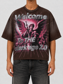 Rare Peace Dark Age 2.0 oversized rhinestone cropped T-shirt in dark brown, featuring embellished details and a relaxed fit.