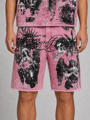 Dust pink denim shorts by Rare Peace featuring digital print and rhinestone embellishments, labeled "It's ok to cry."
