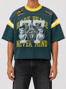 Rare Peace oversized rhinestone cropped French Terry T-shirt in pine green with "Never Mind" design, front view.