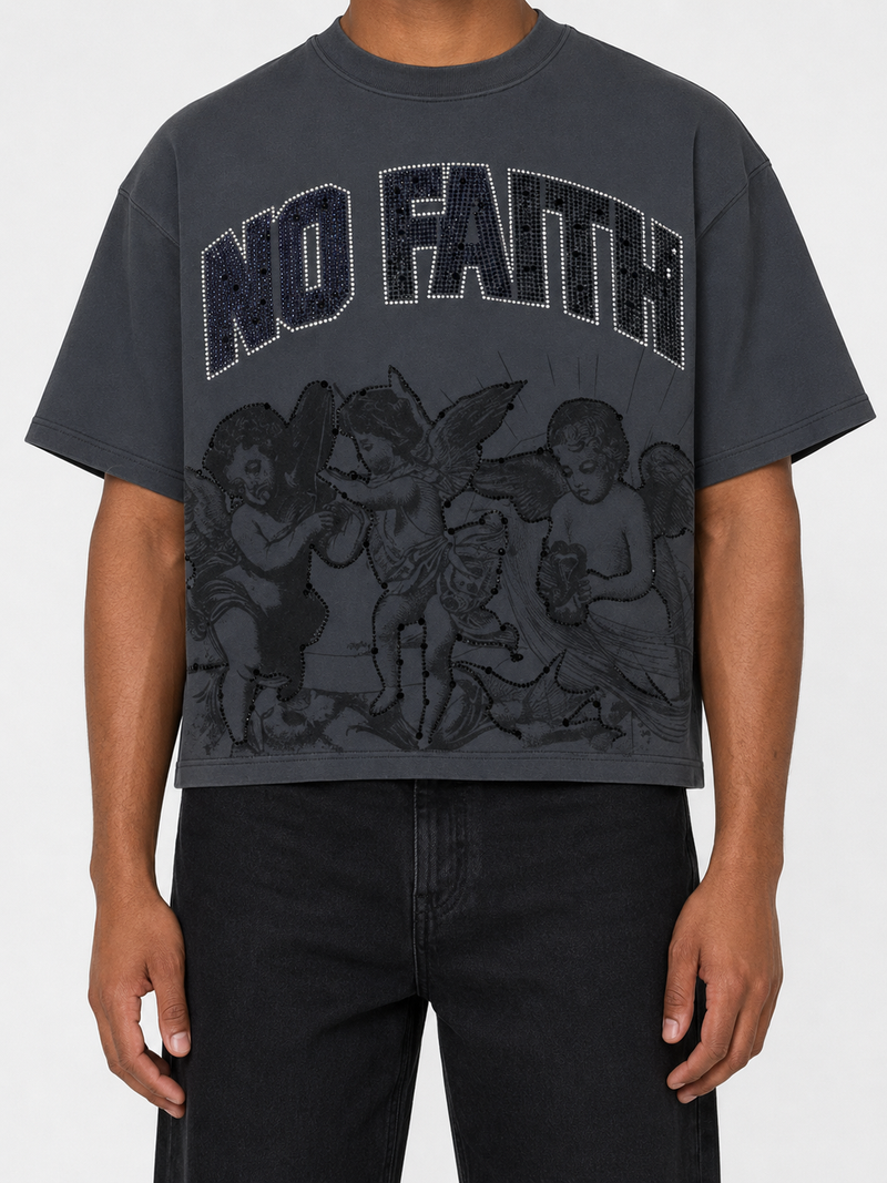 Rare Peace 'No Faith' Oversized Rhinestone Cropped T-Shirt (Dark