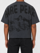 Dark grey RARE PEACE No Faith oversized rhinestone cropped T-shirt with bold graphic design and relaxed fit.