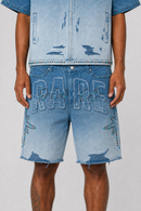 Rare Peace denim shorts with rhinestone patches and distressed details, featuring a rare self patch design in MD. Tint style.
